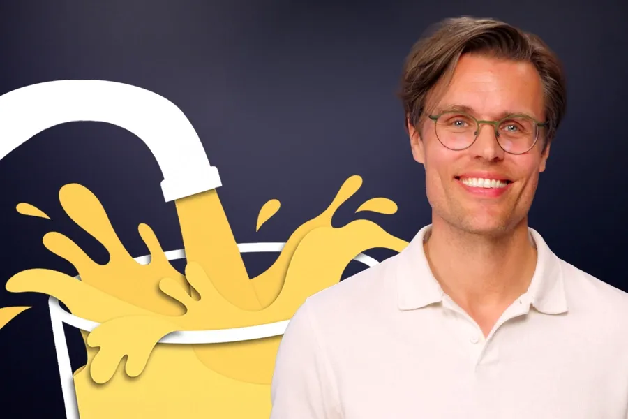 Expert Haakon Rydning i forgrunn av en illustrasjon en kran som fyller et glass over randen