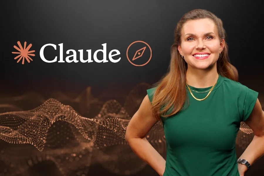 Kursleder til høyre i foto foran illustrasjon Claude logo