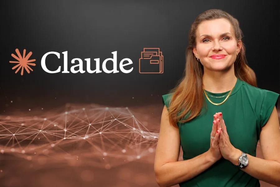 Kursholder foran Claude logo og et icon som illustrere en prosjektmappe