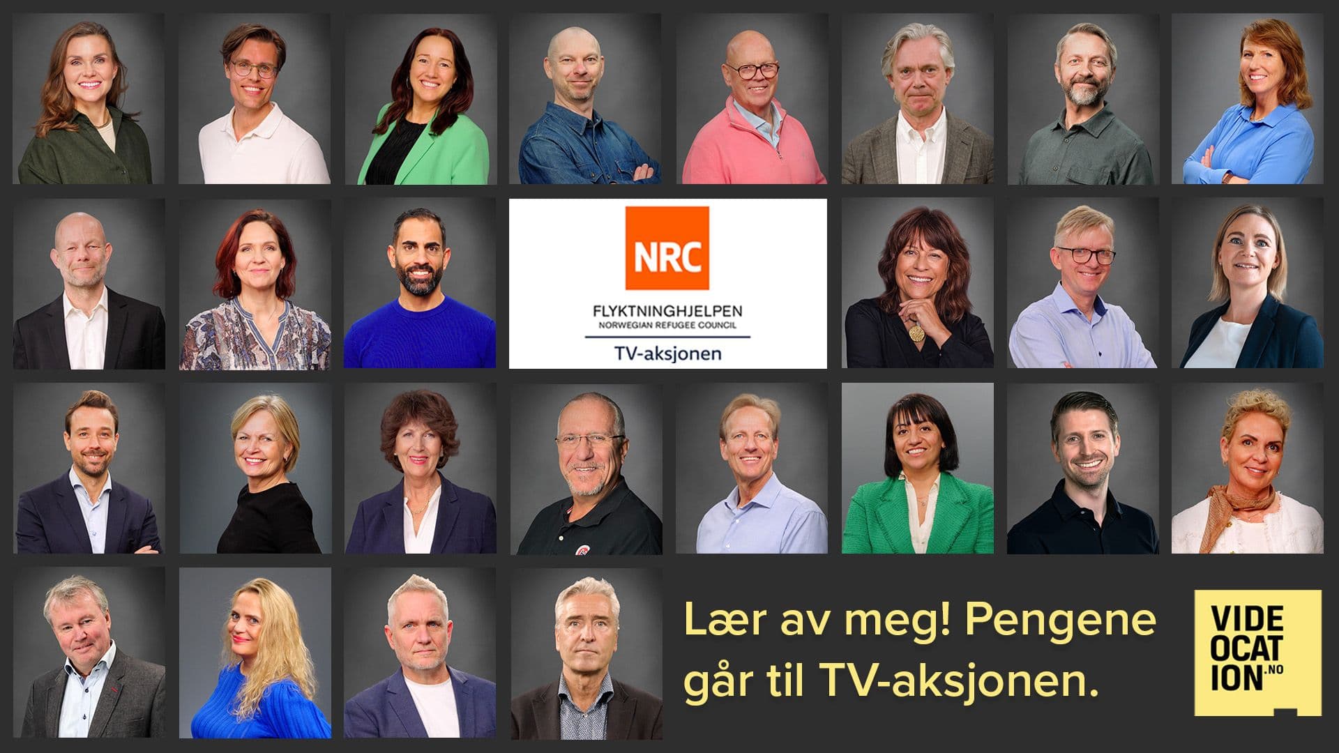 26 unike ekperter sammestilt i et grid med tekst "Lær av meg! Pengene går til TV-aksjonen".